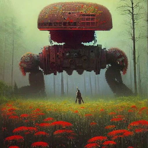 Prompt: a hyperdetailed national geographic photo of an abandoned apocalyptic robot partially covered in overgrown wildflowers by jakub rozalski by moebius by rhads by roger dean by paul lehr