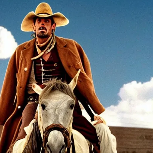 Image similar to a film still of Johnny Joestar from steel ball run in ''The Good, the Bad and the Ugly''(1966)