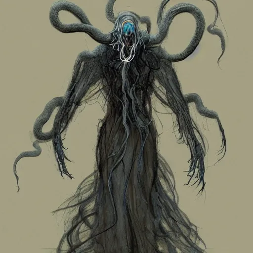 Prompt: concept designs for an ethereal ghostly wraith like figure made from wispy billowing smoke and sparks of electricity with a squid like parasite latched onto its head and long tentacle arms that flow lazily but gracefully at its sides like a cloak while it floats around a frozen rocky tundra in the snow searching for lost souls and that hides amongst the shadows in the trees, this character has hydrokinesis and electrokinesis for the resident evil village video game franchise with inspiration from the franchise Bloodborne and the mind flayer from stranger things on netflix in the style of a marvel comic