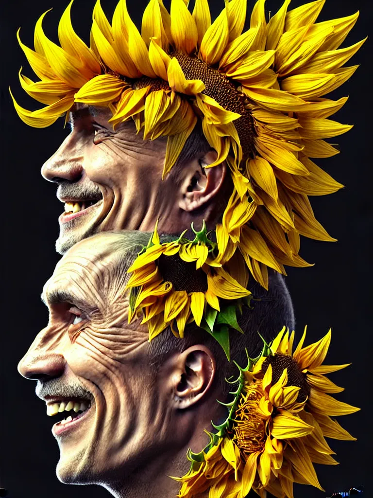 Image similar to digital art, centered full body of Putin smiling king, Sunflower crown, ,intricate, veins, by James Jean and by artgerm , by ross tran ultradetailed, charachter design, concept art, trending on artstation,