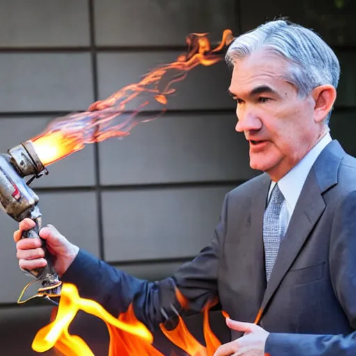 Image similar to photo of Jerome Powell using a flamethrower projecting a long flame. award-winning, highly-detailed