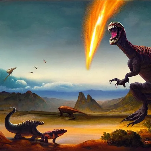 Image similar to masterful oil painting, a meteor crashing to earth while a dinosaur watches it