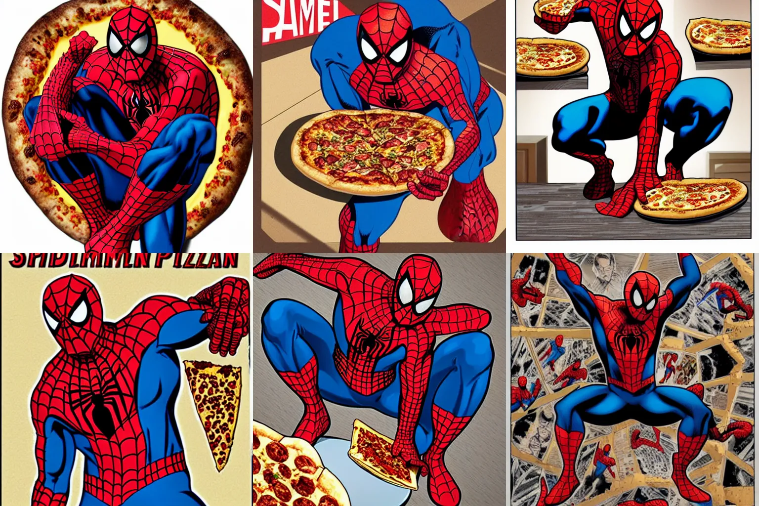 Prompt: official marvel comics portrait of spiderman eating pizza