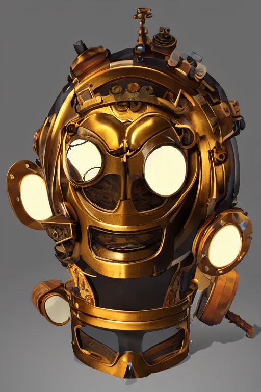 Image similar to steampunk mask minimalist fantasy art robot ninja helmet, global illumination ray tracing hdr fanart arstation by sung choi and eric pfeiffer and gabriel garza and casper konefal radiating a glowing aura