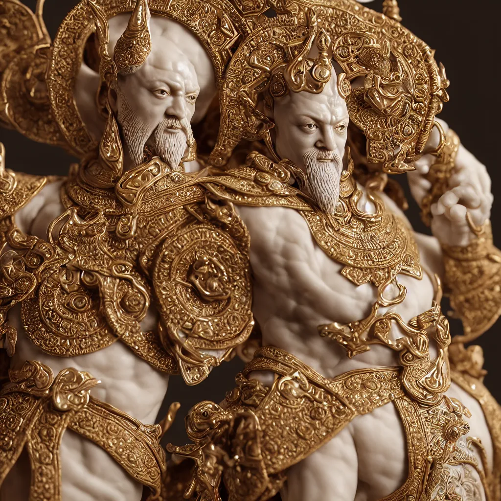 Prompt: a closeup photo - real delicate ceramic porcelain sculpture of an ornate detailed ahura mazda in front of an intricate background by rafael, micro detail, backlit lighting, subsurface scattering, translucent, thin porcelain, octane renderer, colorful, physically based rendering, trending on cgsociety