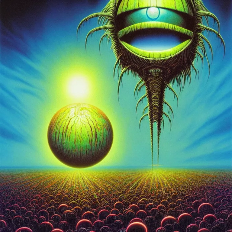 Image similar to eyeball in palm over glowing fields of infinite quantum ghosts, synthwave, bright neon colors, highly detailed, cinematic, tim white, vladimir kush, philippe druillet, roger dean, bob eggleton, michael whelan, boris vallejo, alfred kelsner, kubrick, jaroslaw jasnikowski