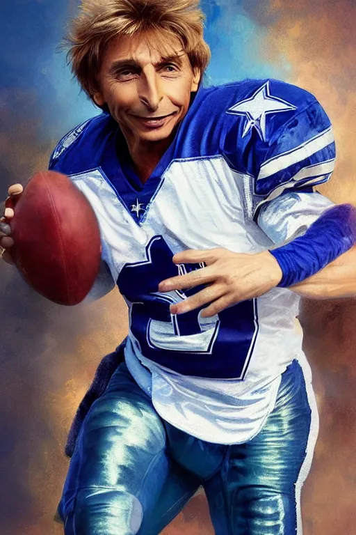 Prompt: Barry Manilow playing Football as the quarterback of the Dallas Cowboys, intricate, elegant, highly detailed, digital painting, artstation, concept art, smooth, sharp focus, illustration, art by artgerm and greg rutkowski and alphonse mucha