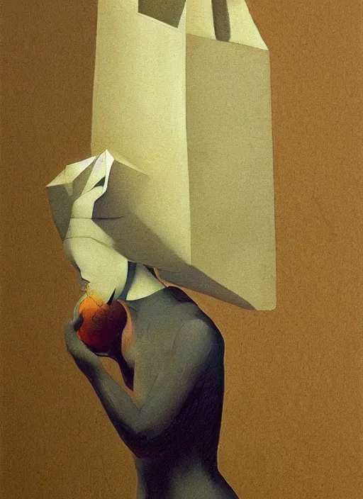 Image similar to paper women in paper bag over the head and a sward Edward Hopper and James Gilleard, Zdzislaw Beksinski, highly detailed