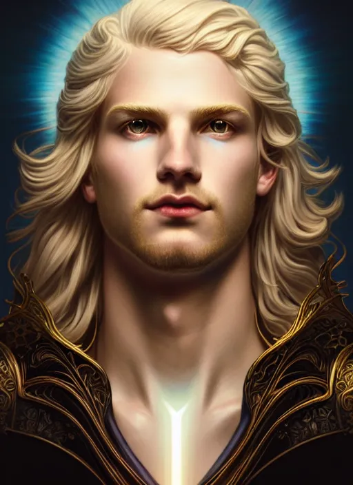 Image similar to portrait of smirking young god apollo, wavy blond hair, bright halo, glowing eyes, volumetric lights, platinum scheme, art nouveau botanicals, gothic, intricate, highly detailed, digital painting, artstation, concept art, smooth, sharp focus, symmetric face, illustration, steampunk, art by artgerm and greg rutkowski and alphonse mucha