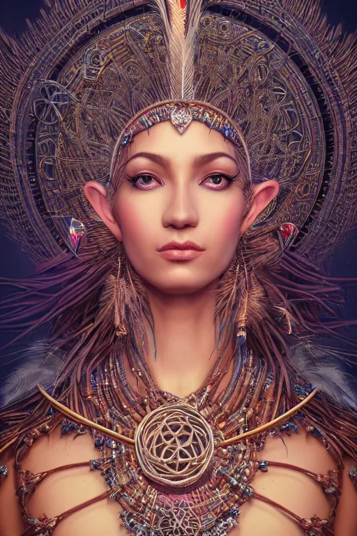 Image similar to a centered render of a single alluring mystical tribal goddess adorned with feathers and gemstones and cables and synthesizer parts is surrounded by sacred geometry made from elven architecture, full body, gorgeous, perfect face, powerful, cinematic, beautifully lit, by artgerm, by karol bak, 3 d, trending on artstation, octane render, 8 k