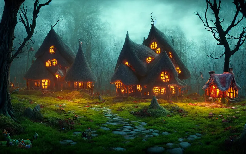 Image similar to gloomy fairytale forest with a singular witches cottage made of candy in the distance, visual novel key visual, award - winning digital art on pixiv, trending on artstation, cinematic lighting, dramatic lighting, epic cinematic, stunning and beautiful scenery - highly detailed, hyperrealistic, unreal engine 5, in the style of tim burton and guillermo del toro