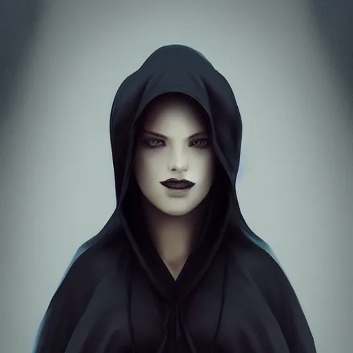 Prompt: Beautiful portrait of a mysterious hooded woman wearing robes all black, true romance, dark romance, dark fantasy, trending on artstation, cgsociety