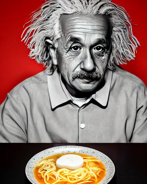 Image similar to a portrait of albert einstein sitting at the dining table with a plate containing tonkotsu ramen in front of him, highly detailed, trending on artstation, bokeh, 9 0 mm, f / 1. 4