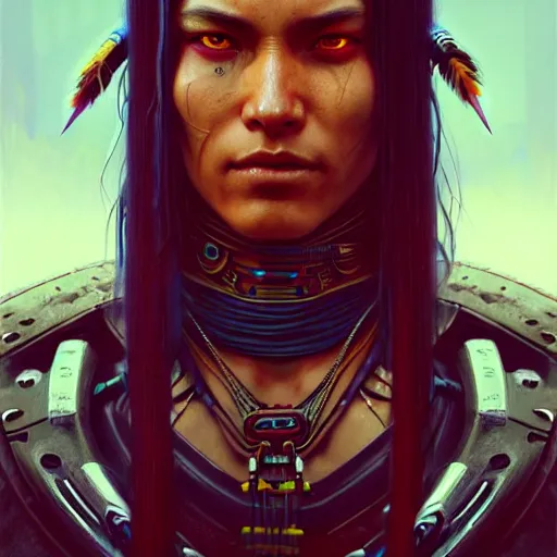 Image similar to portrait painting of a cyberpunk native american street samurai with pointy ears, ultra realistic, concept art, intricate details, eerie, highly detailed, photorealistic, octane render, 8 k, unreal engine. art by artgerm and greg rutkowski and charlie bowater and magali villeneuve and alphonse mucha