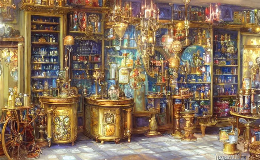 Image similar to Alchemy shop. By Konstantin Razumov, highly detailded