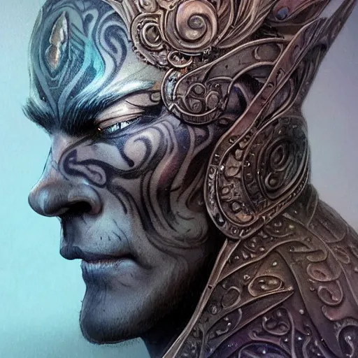 Image similar to an Artstation 3d render of Very very very very highly detailed beautiful mystic head of a phantom warrior with galaxy, tattoos by Anton Pieck, intricate, extremely detailed, digital painting, artstation, concept art, smooth, sharp focus, illustration, intimidating lighting, incredible art,