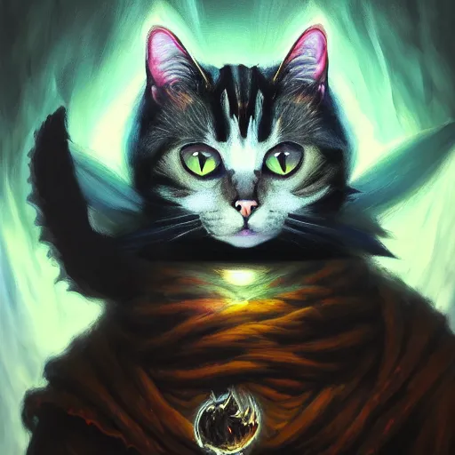 Image similar to Oil Painting of Cat, Anthropomorphized, casting evil spell, magic the gathering artwork, horror, D&D, fantasy, cinematic lighting, centered, symmetrical, highly detailed, digital painting, artstation, concept art, smooth, sharp focus, illustration, volumetric lighting, epic Composition, 8k, art by Akihiko Yoshida and Greg Rutkowski and Craig Mullins, oil painting, cgsociety