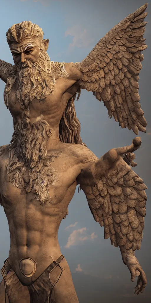 Image similar to enki sumerian god with wings, unreal 5, hyperrealistic, realistic, photorealistic, dynamic lighting, highly detailed, cinematic landscape, studio landscape, studio lighting