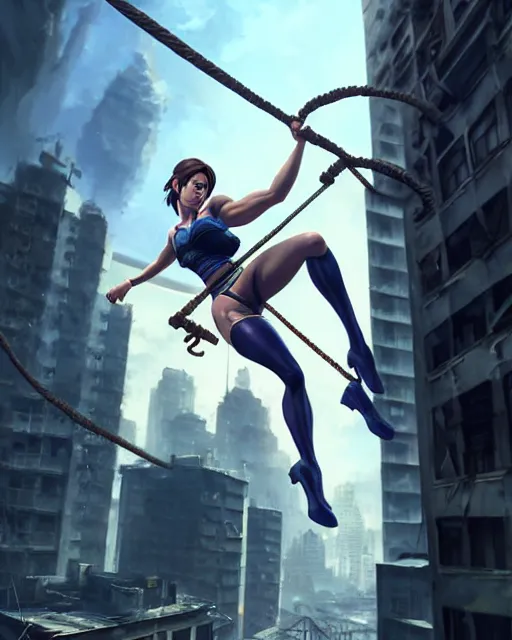 Image similar to gigachad jill valentine bodybuilder swinging from a building with a rope in racoon city, fantasy character portrait, ultra realistic, anime key visual, full body concept art, intricate details, highly detailed by greg rutkowski, ilya kuvshinov, gaston bussiere, craig mullins, simon bisley