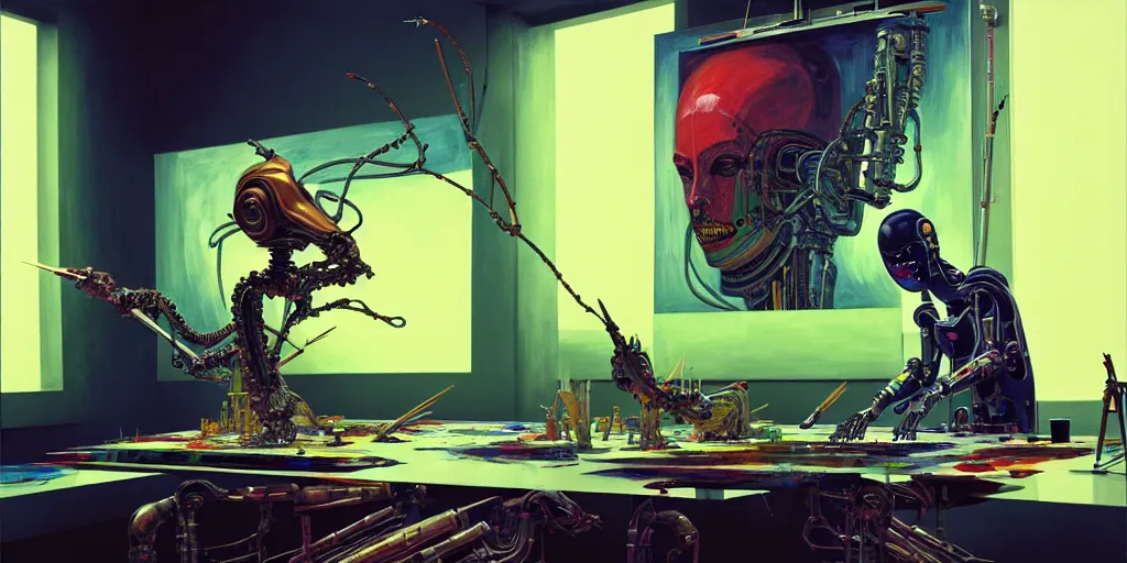 Prompt: photo of futuristic holy futuristic cyborg - robot - painter - artist creating a painting with acrylic paint and brushes in a futuristic artist studio by h. r giger, by, rich deep colors. masterpiece, intricate artwork by tooth wu and wlop and beeple, gaspar noe, james cameron,