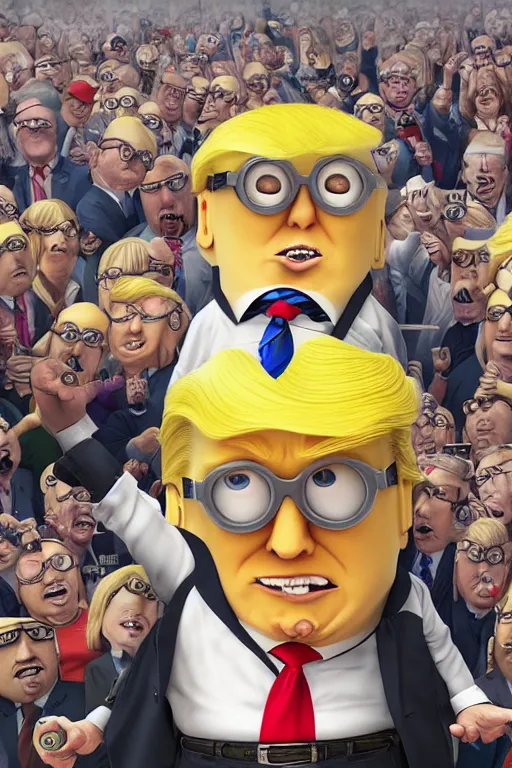 Prompt: trump with blond hair as a minion standing in front of a riot, sketch, intricate, portrait, 8 k highly professionally detailed, hdr, cgsociety