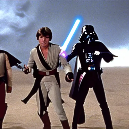 Image similar to a still frame from the movie star wars a new hope, starring jfc