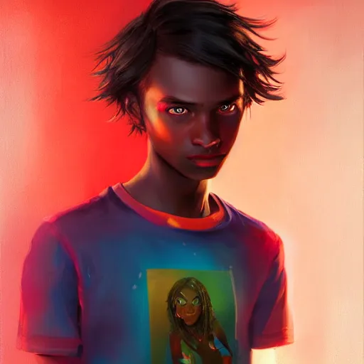 Image similar to colorful and festive captivating teenager with straight brown hair covering his eye, dark skin, big lips, big eyes, wearing a red t - shirt. rich vivid colors, ambient lighting, dynamic lighting, 4 k, atmospheric lighting, painted, intricate, highly detailed by charlie bowater