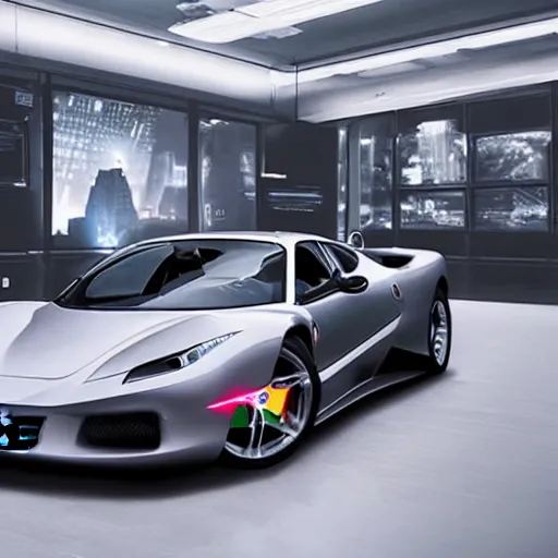 Prompt: promotional photo of a futuristic cyberpunk ferrari