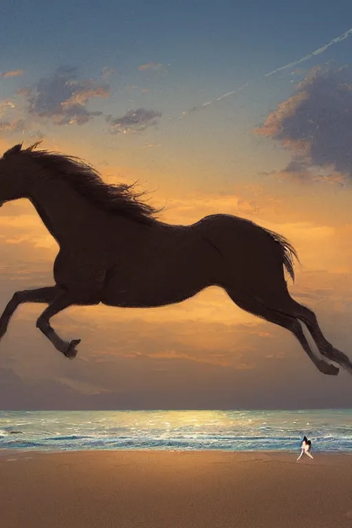 Image similar to a horse running on the beach at sunset by greg rutkowski