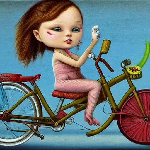 Prompt: ! dream a cat and a child on a tandem bike, lowbrow painting by mark ryden