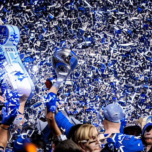 Image similar to detroit lions win the lombardi trophy, confetti, 8 k sports photography