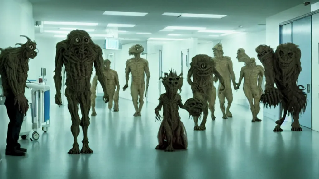 Image similar to monsters invade the hospital, film still from the movie directed by denis villeneuve and david cronenberg with art direction by salvador dali, wide lens