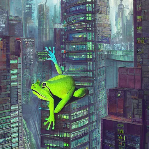 Image similar to frog looking over cyberpunk city, highly detailed, digital painting, hdr, raytracing, art by george warner allen, henry anderton