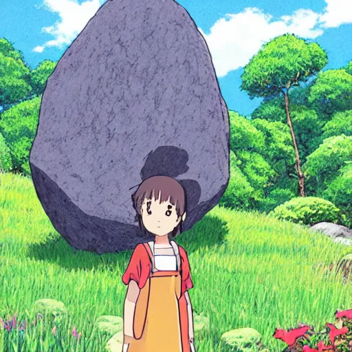 Prompt: a large rock in the middle of a beautiful lush field by studio ghibli. there's a girl in a dress next to the rock