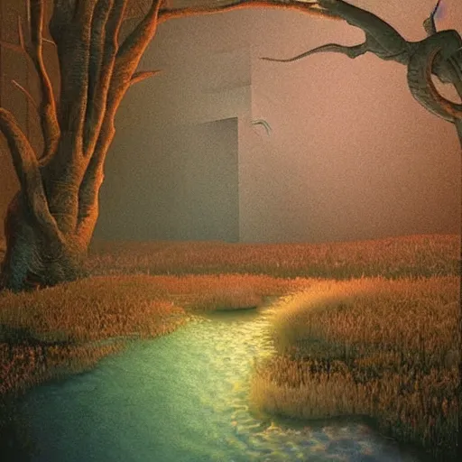 Prompt: strangely beautiful place. digital artwork by vincent bons, michael whelan, beeple, remedios varo and gerardo dottori. grainy and rough. interesting pastel colour palette. beautiful light. oil and water colour based on high quality render. retro.