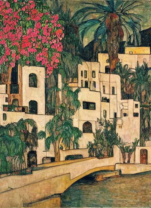 Image similar to ahwaz city in iran with a bridge on local river, 3 number house near a lot of palm trees and bougainvillea, painting by egon schiele
