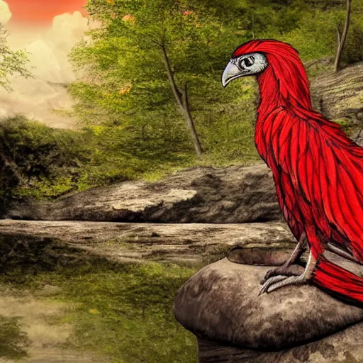Prompt: Harpy, red feathered wings, wearing Inka clothes, sad expression, sitting at a pond, mountainous area, trees in the background, digital art