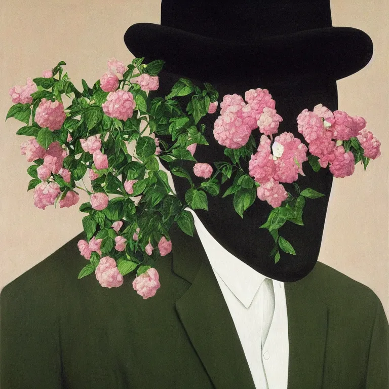 Prompt: portrait of man in a suit with flowers hiding his face by rene magritte, detailed painting, hd, hq, high resolution, high detail, 4 k, 8 k