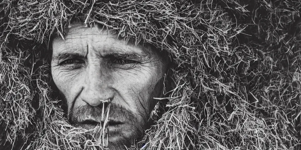 Prompt: portrait of a tyrolean farmer wearing hay coat with horns visible muscles and veins and arteries and bones and spines and nerves eerie flowers