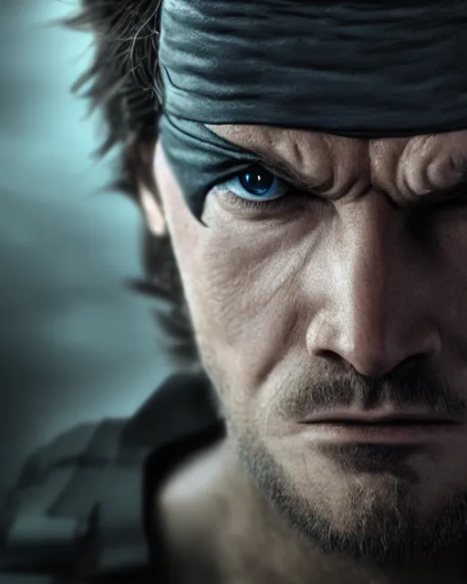 Image similar to solid snake portrait, cinematic lighting, anguished depressed facial expression, black atmospheric background, 4 k photography hdr