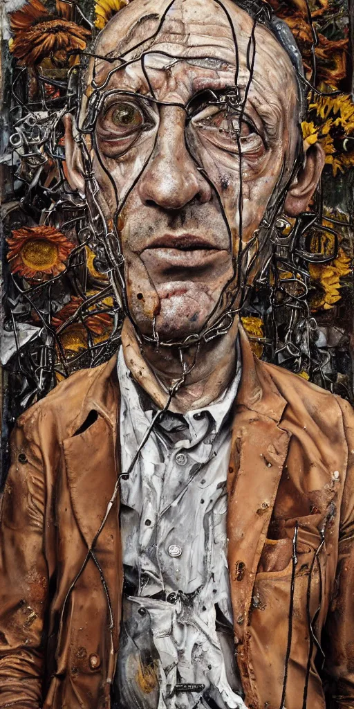 Image similar to a full length portrait of a very ordinary middle-aged man with a terrified expression, Anselm Kiefer and Lucian Freud and Jenny Saville, oil painting, rust, Scaffolding, rusted metal and sunflowers, iron cladding, decay, mixed media, textured, anatomically correct, beautiful perfect face, visible brushstrokes, sharp focus, twisted wire, Highly Detailed, nails, photographic emulsion cracked and peeling, Cinematic Lighting, 8k, HD