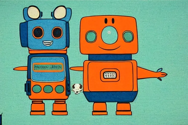 Image similar to ( ( ( ( ( ( ( a robot and a dog ) ) ) ) ) ) ) by richard scarry!!!!!!!!!!!!!! muted colors