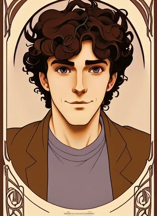 Prompt: art nouveau portrait of a handsome young man with curly medium length very messy light brown hair, brown eyes, aloof, t - shirt, natural lighting, path traced, highly detailed, high quality, cartoon, digital painting, by don bluth and ross tran and studio ghibli and alphonse mucha