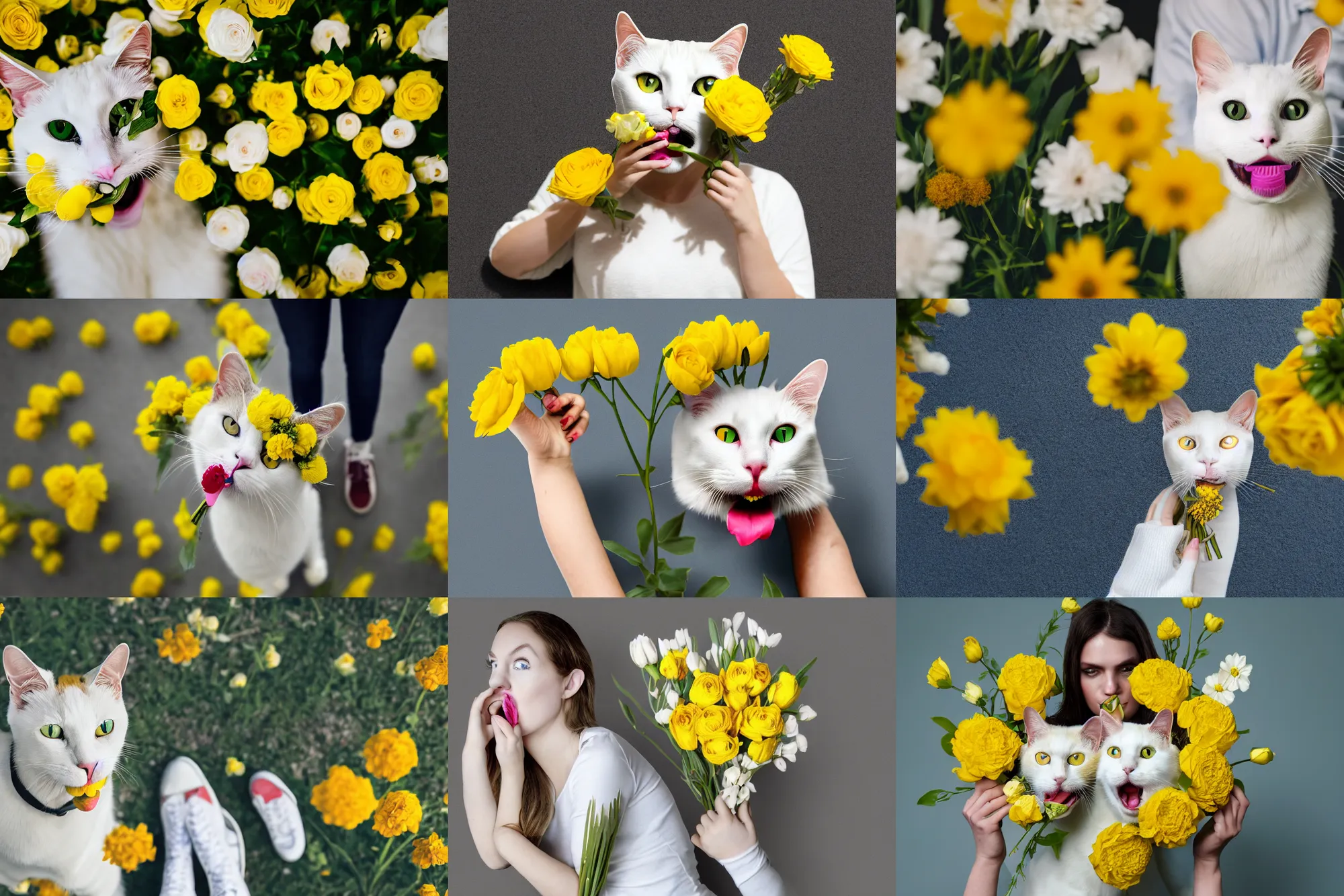 Prompt: pov shot photography of yellow - patterned white cat, held flowers bouquet in her mouth, under my feet, person wearing jeans and sneakers, large happy eyes, symmetry, face symmetry, octane render, photorealistic, 8 k