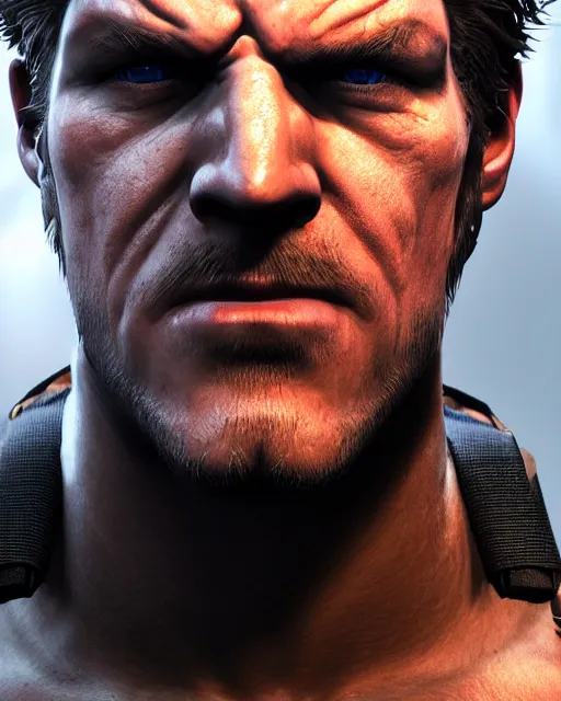 Prompt: solid snake bust portrait, cinematic lighting, backlit face, tired expression, close - up, black atmospheric background, 4 k ultra detailed photorealistic render, best of artstation hdr, redshift houdini