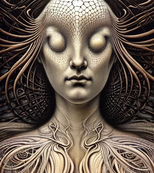 Prompt: detailed realistic beautiful titanium goddess face portrait by jean delville, gustave dore, iris van herpen and marco mazzoni, art forms of nature by ernst haeckel, art nouveau, symbolist, visionary, gothic, neo - gothic, pre - raphaelite, fractal lace, intricate alien botanicals, biodiversity, surreality, hyperdetailed ultrasharp octane render