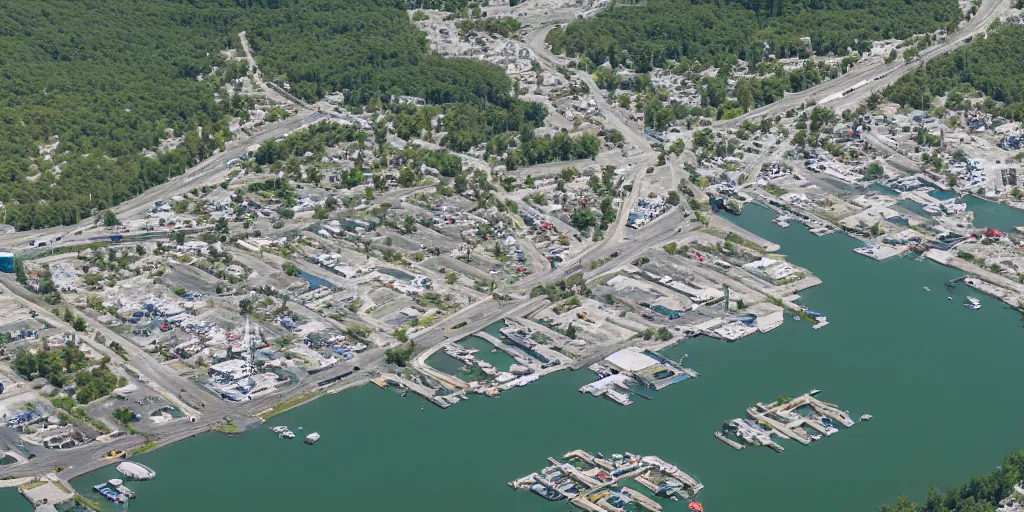 Image similar to bird's eye view of a city, trailer park, a road, bridge, and inlet with docking area.