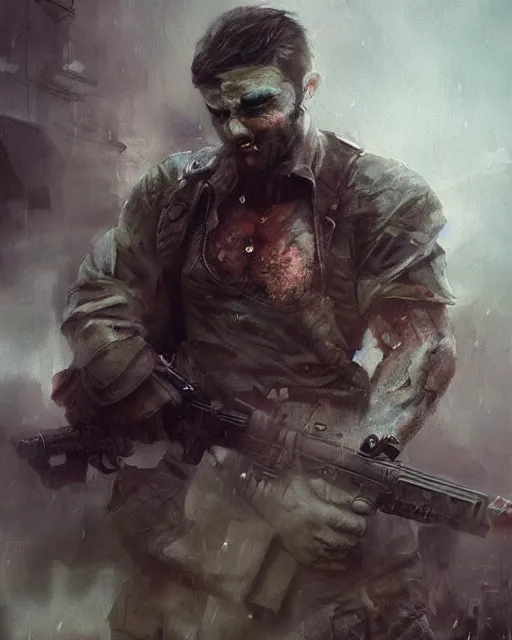 Image similar to battle hardened charismatic man soldier muscular, face centered portrait, confident, ruined cityscape, zombies, fog, rain, volumetric lighting, soft light particles floating near her, illustration, perfectly shaded, soft painting, art by krenz cushart and wenjun lin