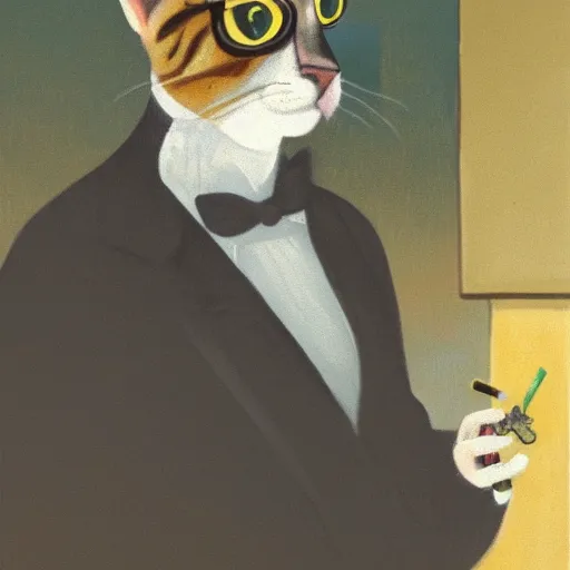 Prompt: cat in suit smoking a pipe, portrait,