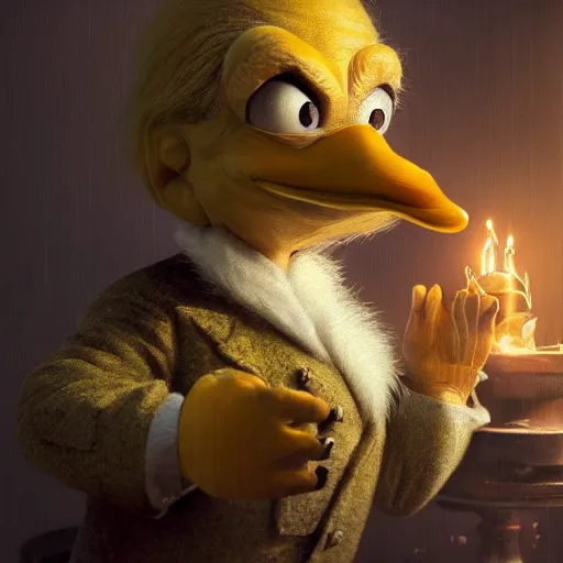 Prompt: hyperrealistic mixed media image of Scrooge McDuck !!duck face!!, stunning 3d render inspired art by István Sándorfi and Greg Rutkowski, perfect facial symmetry, realistic, highly detailed attributes and atmosphere, dim volumetric cinematic lighting, 8k octane extremely hyper-detailed render, post-processing, masterpiece,